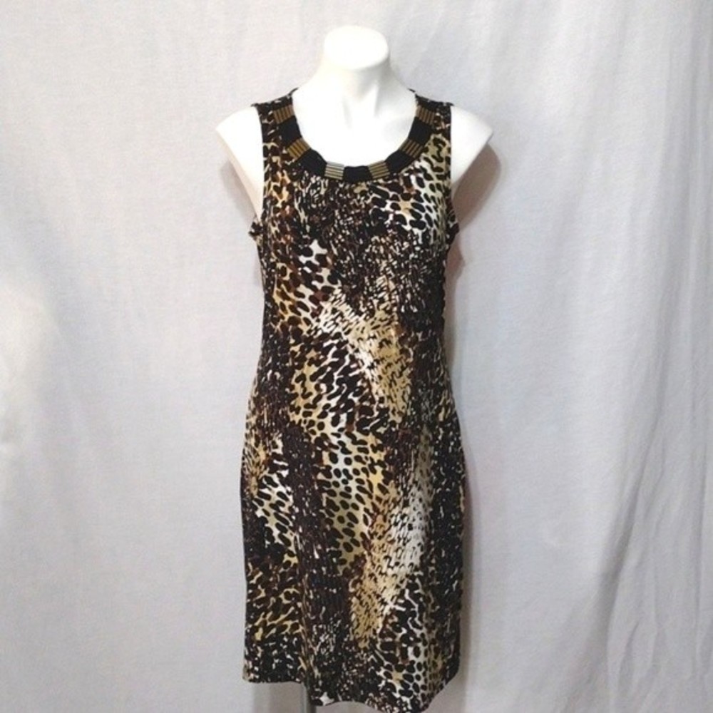 Leopard Print Beaded Sleeveless Shift Dress M Statement Fashionable Chic Medium